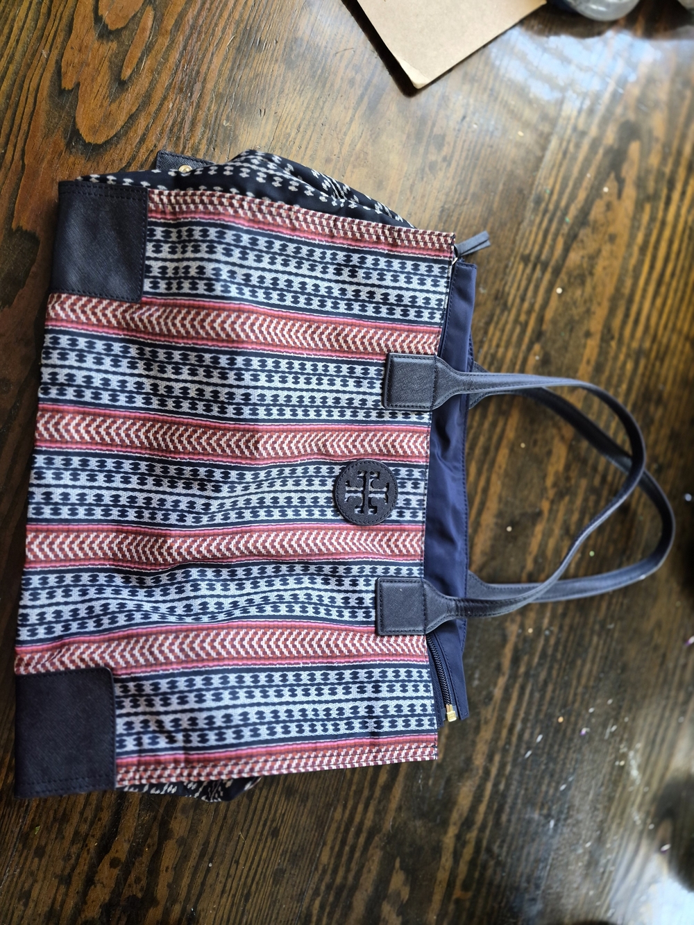 Tory Burch Patterned Canvas Tote in Navy, Red & White